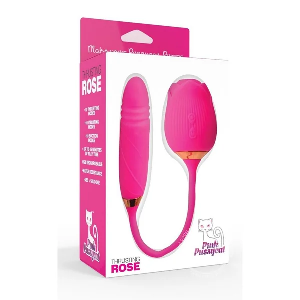 Pink Pussycat Vibrating Thrusting Rechargeable Silicone Rose with Remote - Pink