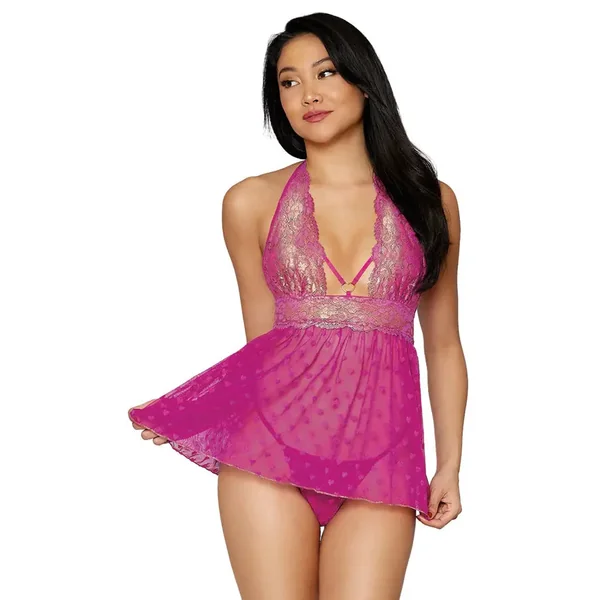 Pink with Gold Foiled Lace and Heart Mesh Babydoll with Matching G-string