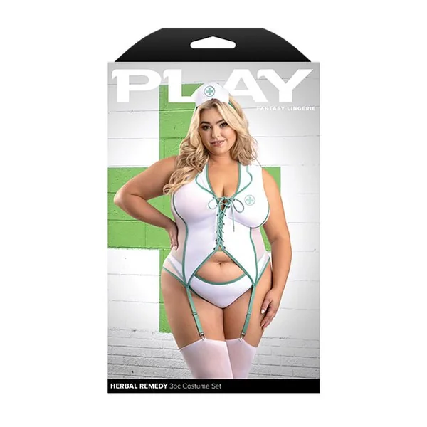 Play Herbal Remedy Gartered Bustier w/Panty & Headpiece - White 1X/2X