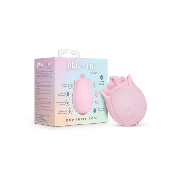 Play with Me Romanic Rose Rechargeable Silicone Nipple and Clitoral Stimulator with 3 Interchangeable Attachments - Pink