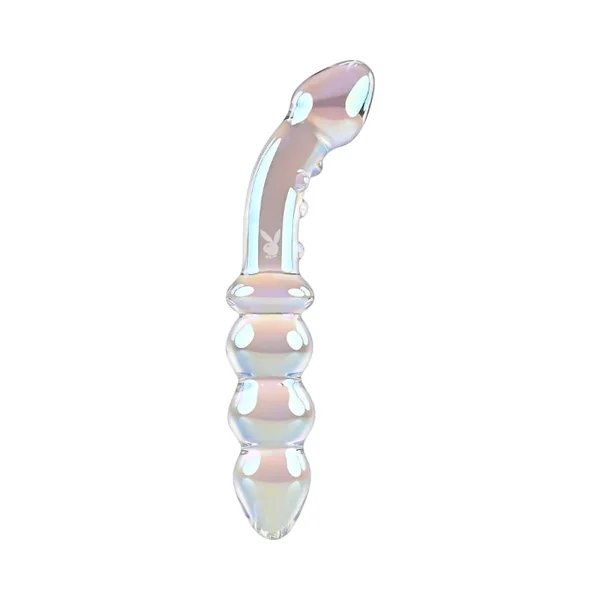 Playboy Jewels Glass Double Iridescent Textured Dildo With Rabbit Head Detail