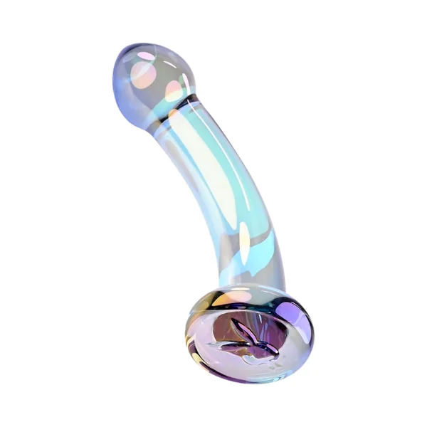Playboy Jewels Glass King Iridescent Curved Dildo With Rabbit Head Detail
