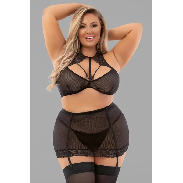Plus Black Mesh 2 piece Garter Skirt and Bra