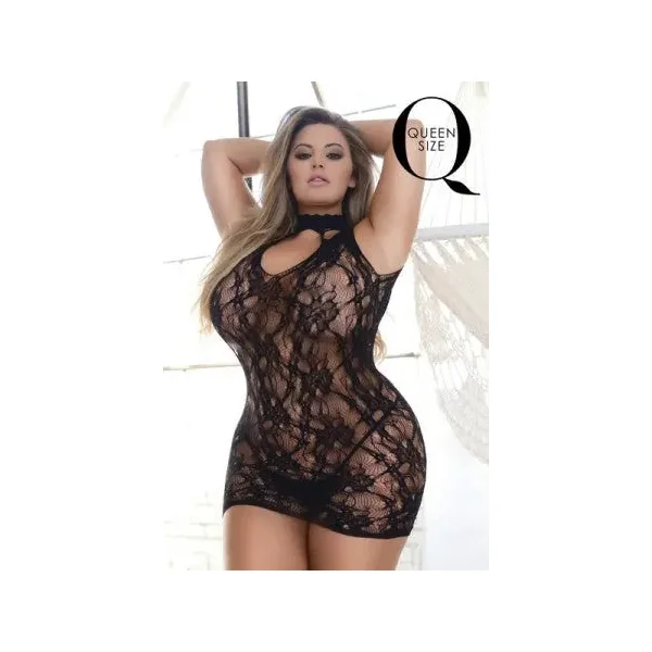 Plus Choker Neck Sheer Lace Fishnet Chemise