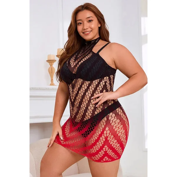 Plus Size Black And Red Two-Color Gradient Stretchy Fishnet Chemise Dress