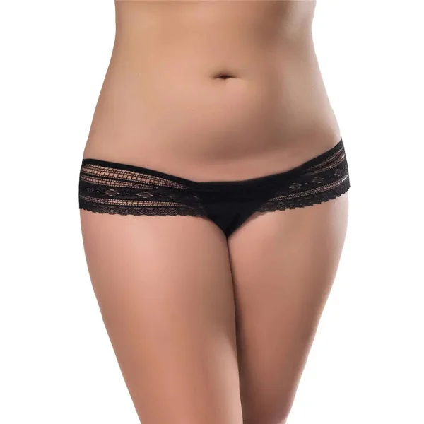 Plus Size Black Low Rise Lace Thong