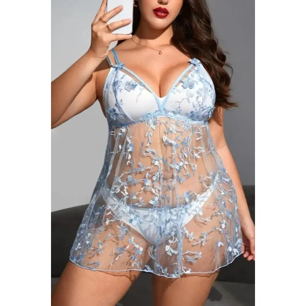 Plus Size Blue Sheer Mesh Flower Embroidery Babydoll