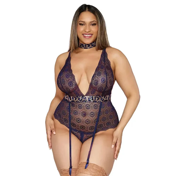 Plus Size Blue Stretch Lace Garter Teddy with Sequined Animal Print Trim