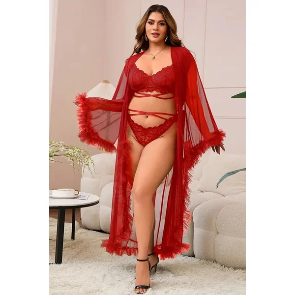 Plus Size Elegant Red Sheer Robe with Ruffled Trim