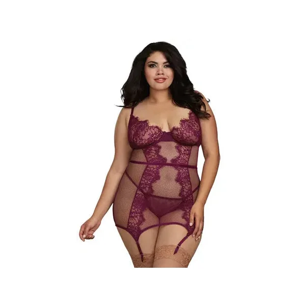 Plus Size Fishnet and Eyelash Lace Garter Slip with Matching G-String