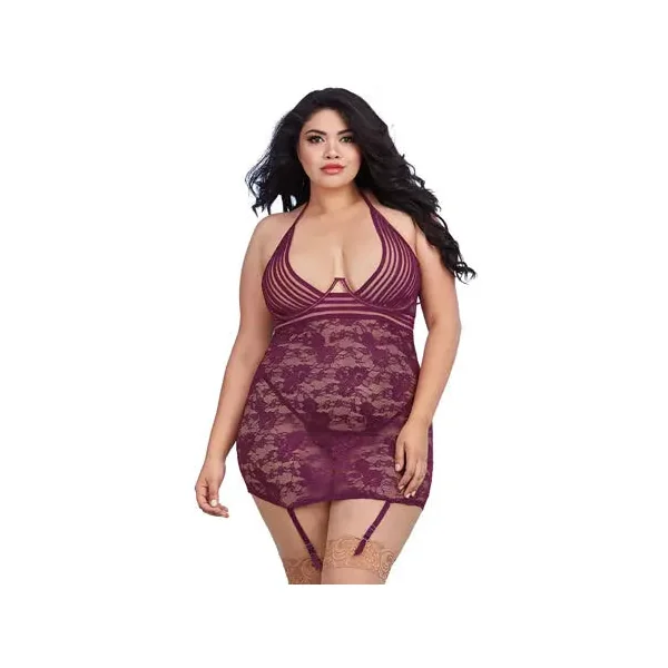 Plus Size Garter Slip with Sheer Stripped Elastic Details