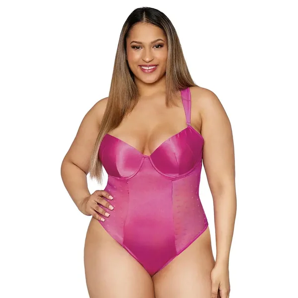 Plus Size Hot Pink Stretch Satin and Heart Mesh Teddy