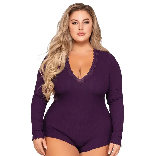 Plus Size Purple Stretch Rib Knit Sleepwear Romper with Plunge Neckline