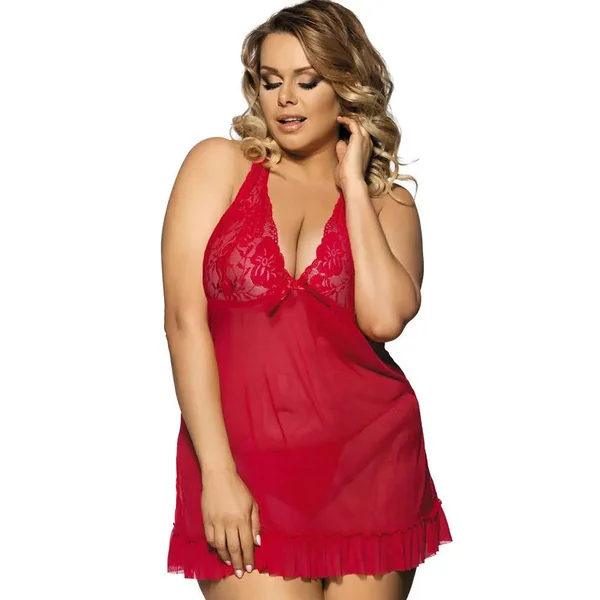Plus Size Red Lace Halter Babydoll with Ruffle