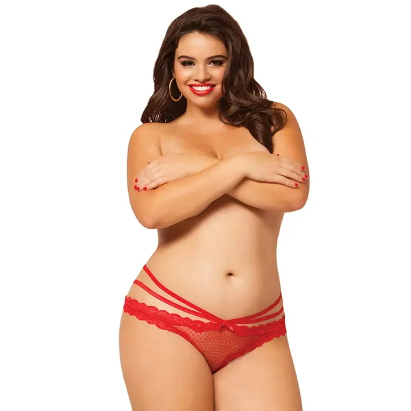 Plus Size Red Polka Dot Mesh Lace Crotchless Panty