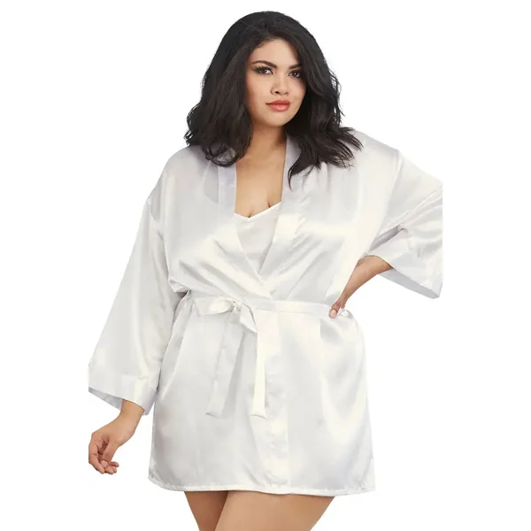 Plus Size White Satin Robe & Chemise Set