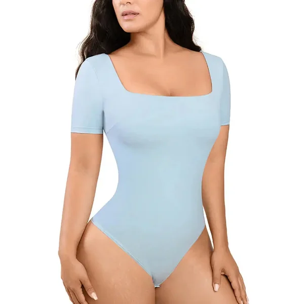 Powder Blue Square-Neck Short-Sleeve Tummy Control Shapewear Bodysuit