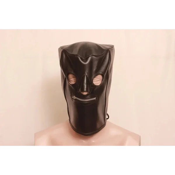 Premium Leather Bondage Hood with Mouth Zipper
