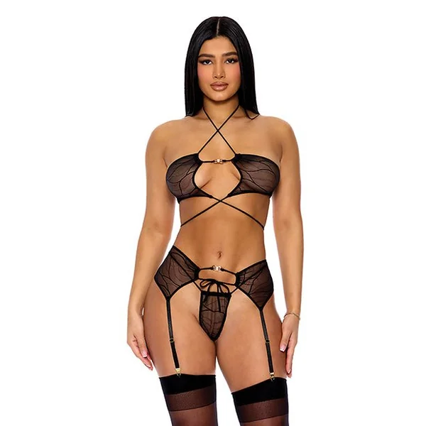 Pull My Strings Mesh Halterneck Bra w/Garter & Panty - Black