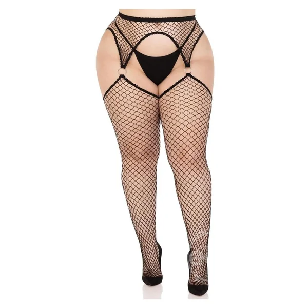 QUEEN Industrial Net Stockings with O-Ring Attached Garter Belt - 1X-2X - Black