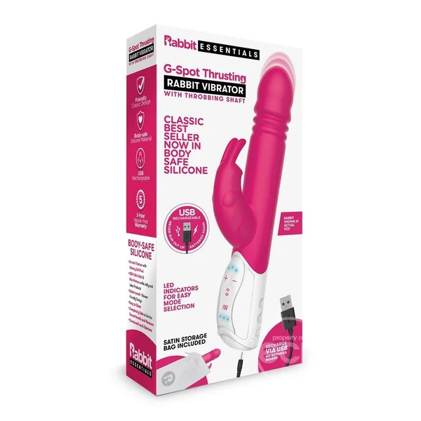 Rabbit Essentials Silicone Rechargeable G-Spot Thrusting Rabbit Vibrator - Hot Pink