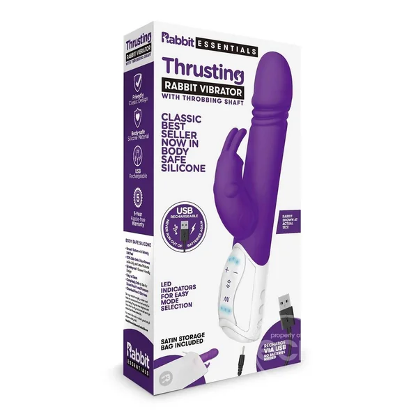 Rabbit Essentials Silicone Rechargeable Thrusting Rabbit Vibrator - Purple