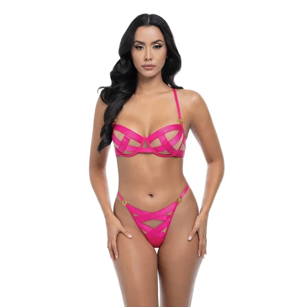 Raelynn Satin Strappy Underwire Bra w/G-String 2 pc Set - Pink Yarrow SM