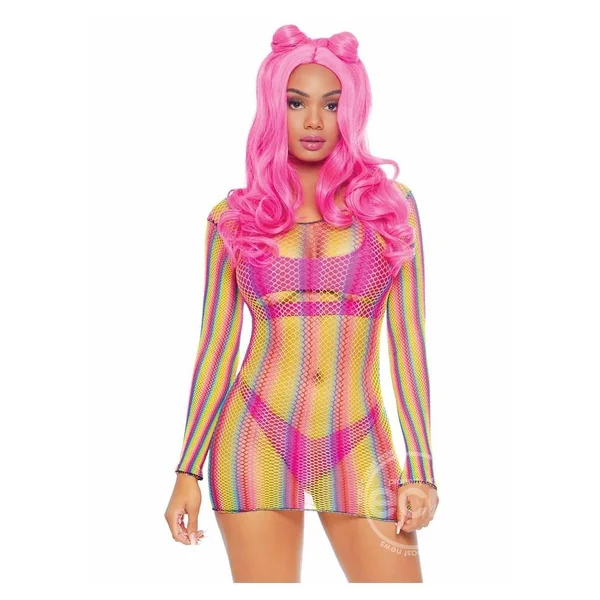 Rainbow Fishnet Long Sleeve Mini Dress - O/S - Multicolor