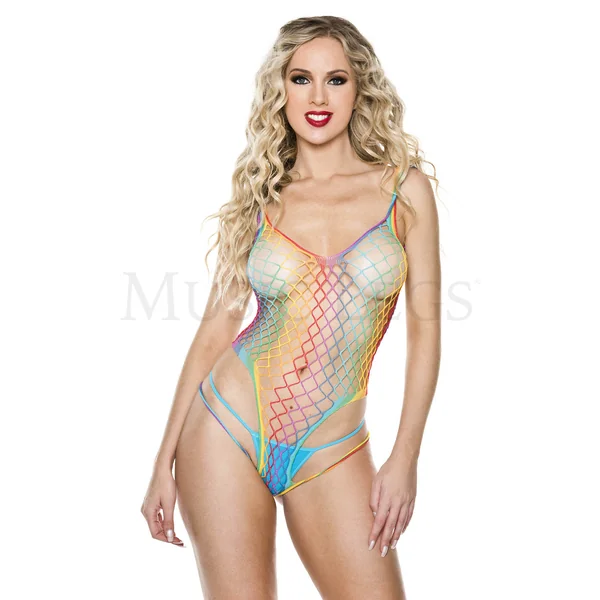 RAINBOW MINI DIAMOND NET TEDDY SINGLE STRAP BOTTOM HIGH CUT SIDE LOW BACK