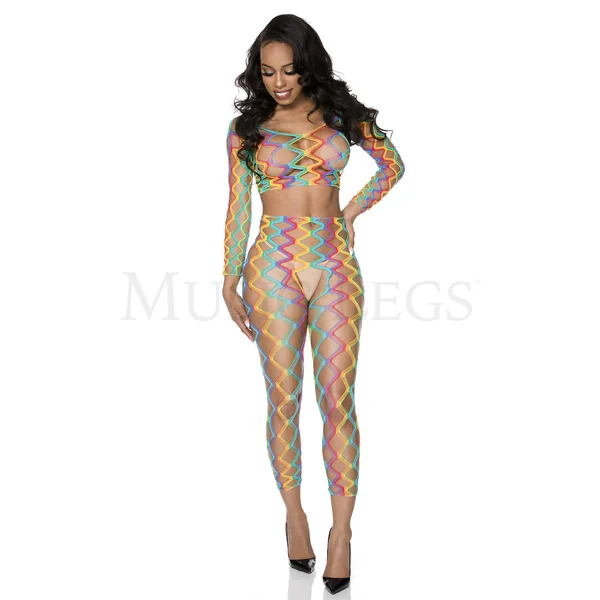 RAINBOW QUARTER SLEEVE CROP TOP SCOOP NECK HIGH WAIST CROTCHLESS FOOTLESS TIGHTS