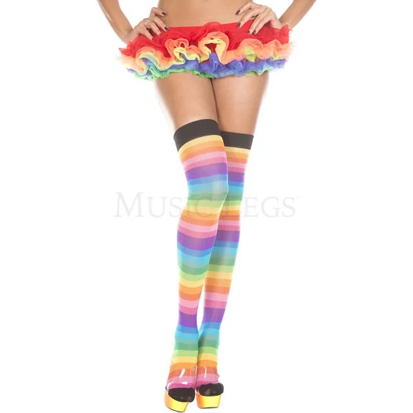 RAINBOW STRIPED THIGH HI WITH BLACK BAND