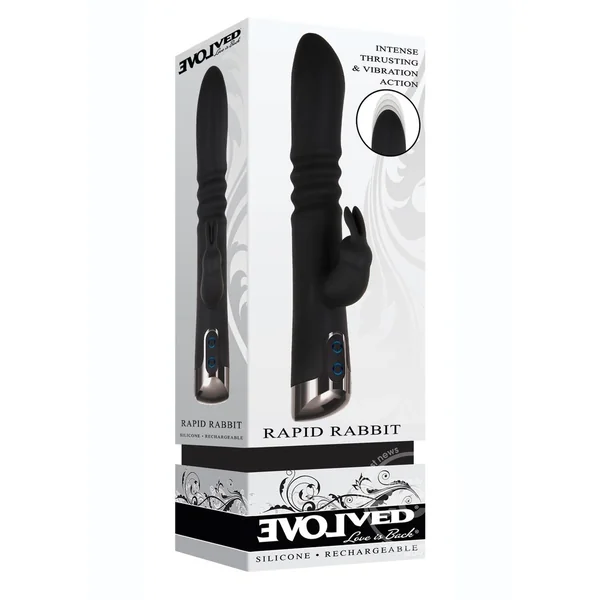 Rapid Rabbit Rechargeable Silicone Thrusting Rabbit Vibrator - Black