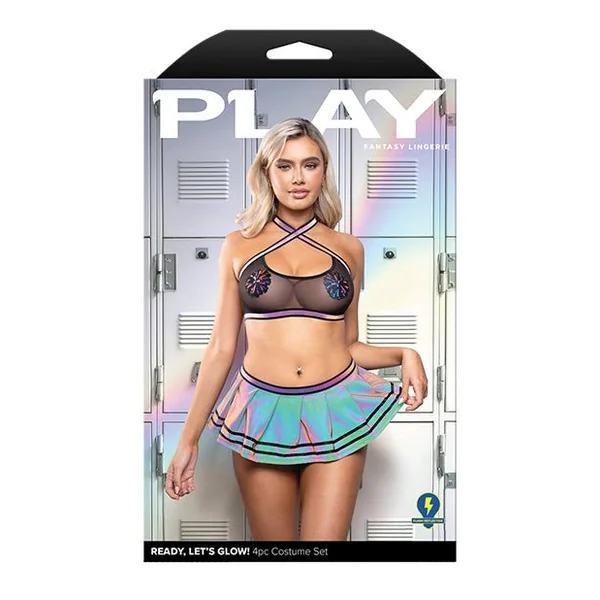 Ready Let's Glow Flash Reflective Mesh Top w/Skirt, G-String & Pom-Pom Pasties 4 pc Set - Multi Color M/L