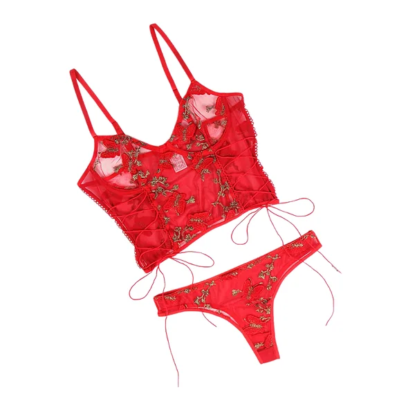 Red Butterfly Pattern Embroidery Mesh Lingerie Set With Underwire