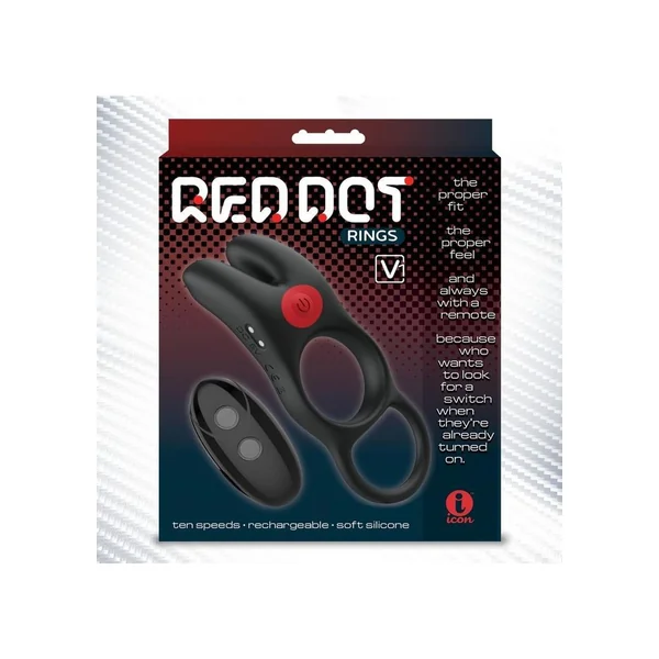 Red Dot Silicone Rechargeable Vibrating Cock Ring with Remote Control V1 - Black/Red