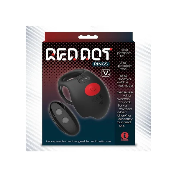 Red Dot Silicone Rechargeable Vibrating Cock Ring with Remote Control V3 - Black/Red