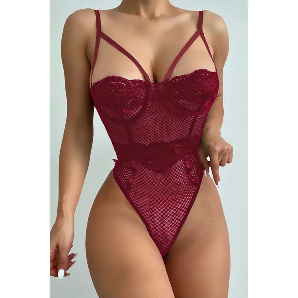 Red Lace Splicing Mesh Bodysuit