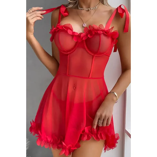 Red Mesh Babydoll with Flower Ruffle Trim