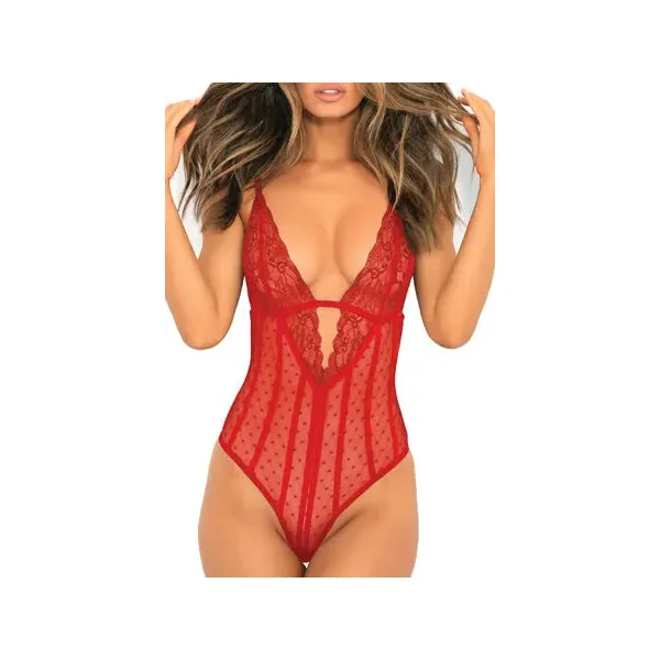 Red Mesh/Lace Deep V Bodysuit