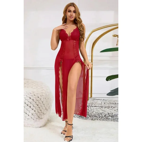Red Sheer Lace Maxi Lingerie Dress