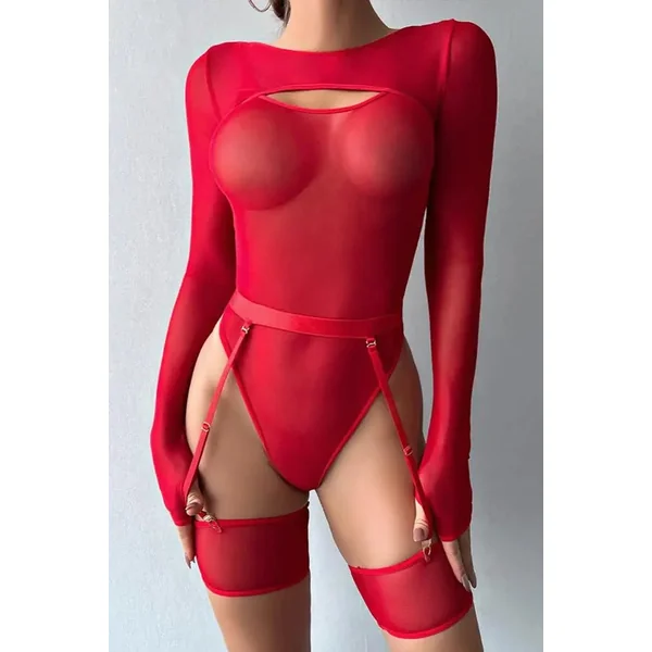 Red Sheer Mesh Long Sleeve Teddy with Garter Belt