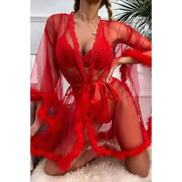 Red Sheer Mesh Robe with Feather Trim