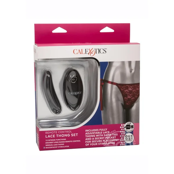 Remote Control Rechargeable Lace Thong Set - Red