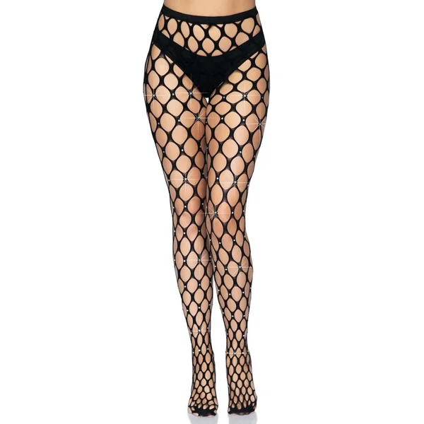 RHINESTONE JUMBO POTHOLE TIGHTS- O/S - BLACK
