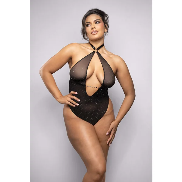Rhinestone Mesh Halter Teddy w/Jeweled Center Strap - Black 1X/2X