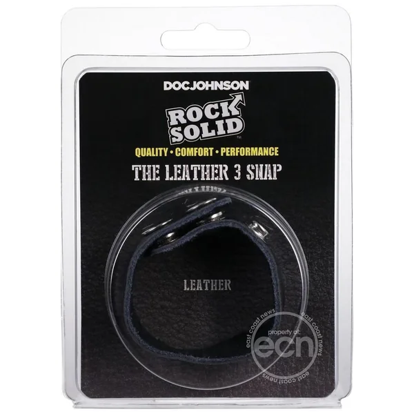 Rock Solid The Leather 3 Snap Adjustable Cock Ring - Black
