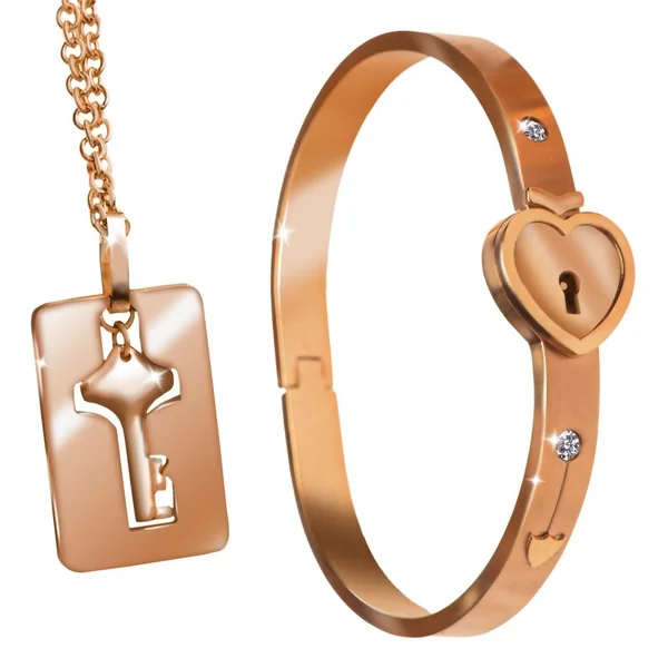 Rose Gold Cuffed Locking Bracelet and Key Necklace