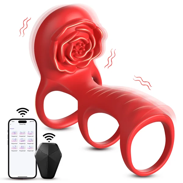 Rose Pulse™ Dual Ring Vibrating Cock Ring – 9 Modes, App-Controlled, Waterproof, Magnetic Charging