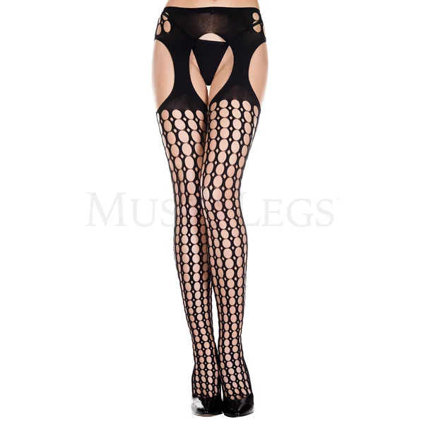 ROUND HOLES PATTERN SUSPENDER PANTYHOSE - BLACK