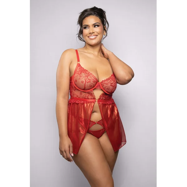 Ruby Shimmer Lace & Mesh Babydoll w/Panty - Red 3X/4X